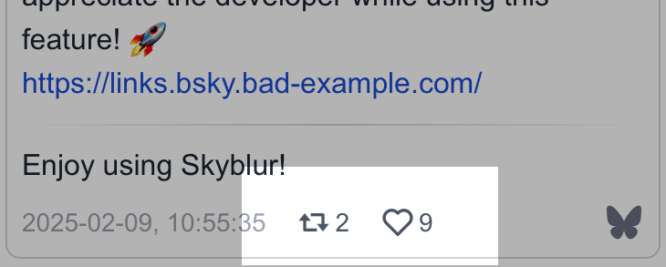 a crop from the same skyblur screenshot from earlier: screenshot of skyblur.uk post announcing that it uses constellation to fetch like and repost counts. it shows like and repost counts (very meta).