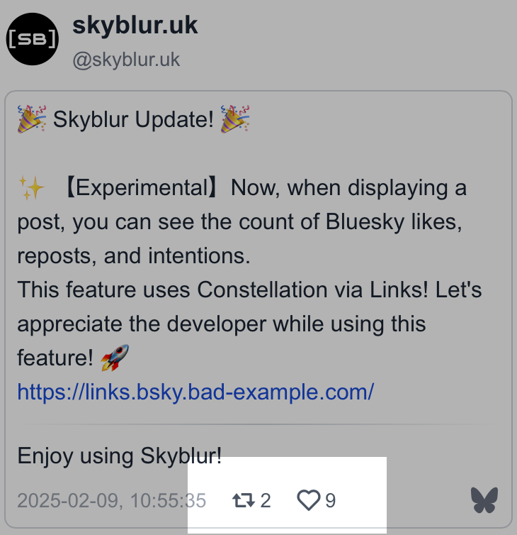 screenshot of skyblur.uk post announcing that it uses constellation to fetch like and repost counts. it shows like and repost counts (very meta).